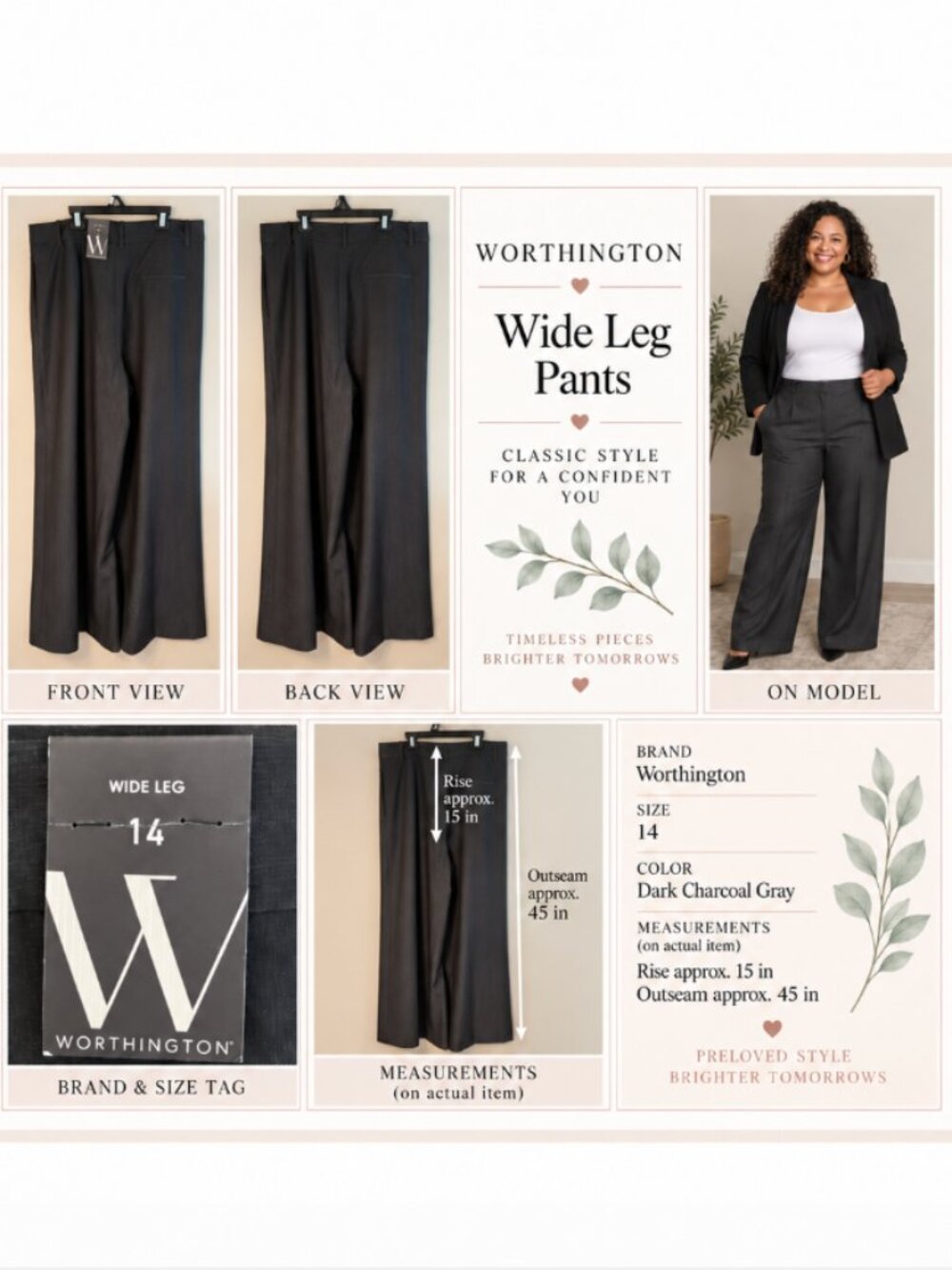 Worthington Dark Charcoal Gray Wide Leg Dress Pants Size 14 High Rise